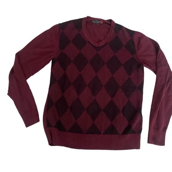 G By GUESS Men’s Sweater Argyle Long Sleeved Red/Black V-Neck Size Large L, JN23 - Picture 1 of 7